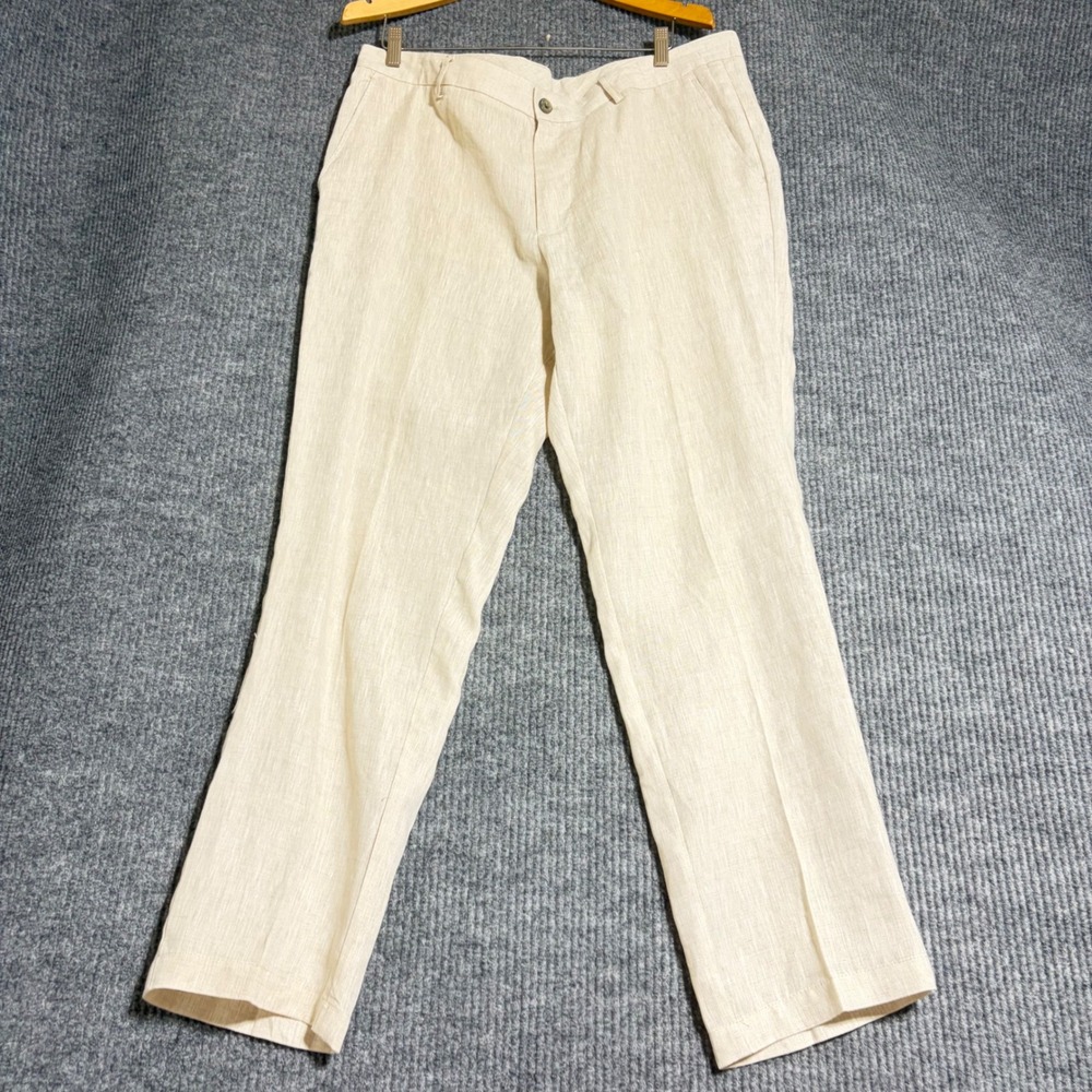Tasso Elba Mens 100% Linen Pants 36W 32L Beige Straight Leg Coastal Vacation